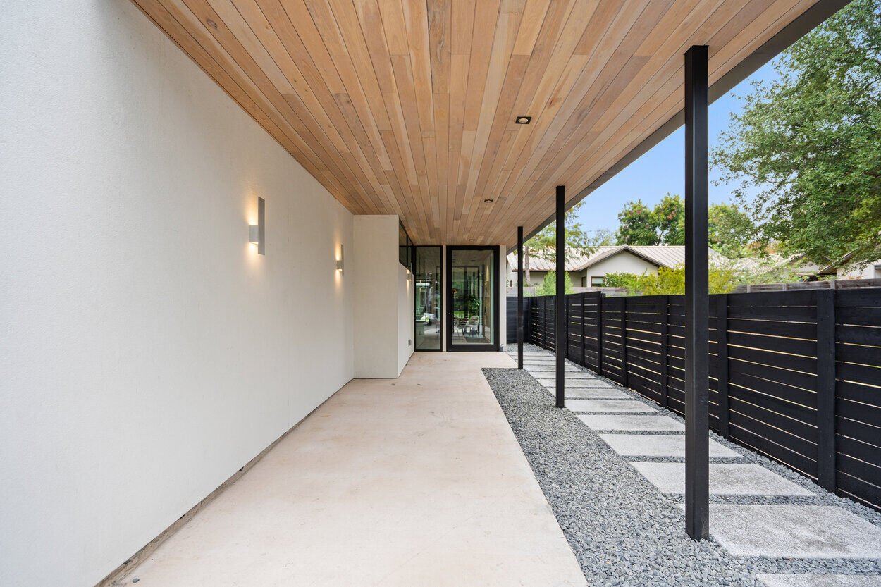 Covered patio/entryway of custom home in Austin, TX by J. Angelo Design Build